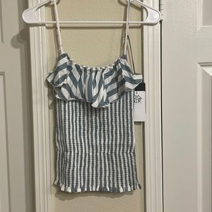 Brand New With Tags Attached Blue & White Striped Ruffled Tank By Chaser Sz M
